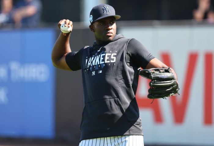 Feb 20, 2023; Tampa, FL, USA; New York Yankees center fielder Estevan Florial (90) works out during spring training practice at George M Steinbrenner Field. Mandatory Credit: Kim Klement-USA TODAY Sports